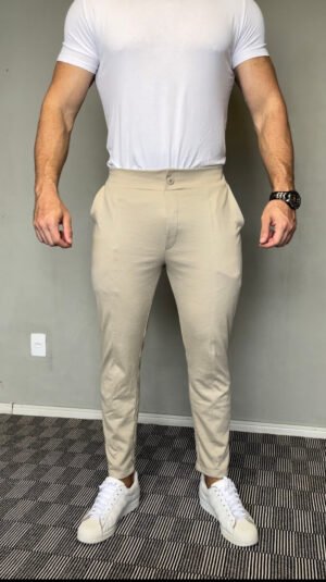 Calça de Alfaiataria Masculina com Elastano – Elegância e Conforto (Bege)