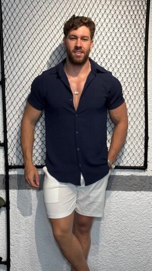 Camisa Social Masculina com Elastano – Tecido que Não Amarrota, Elegância e Conforto (Azul-Marinho)